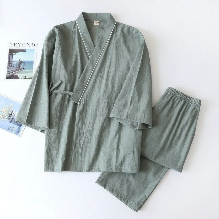 Levoire | Hommes Ensemble de Pyjama Deux Pièces avec Kimono Japonais pour Hommes Vert