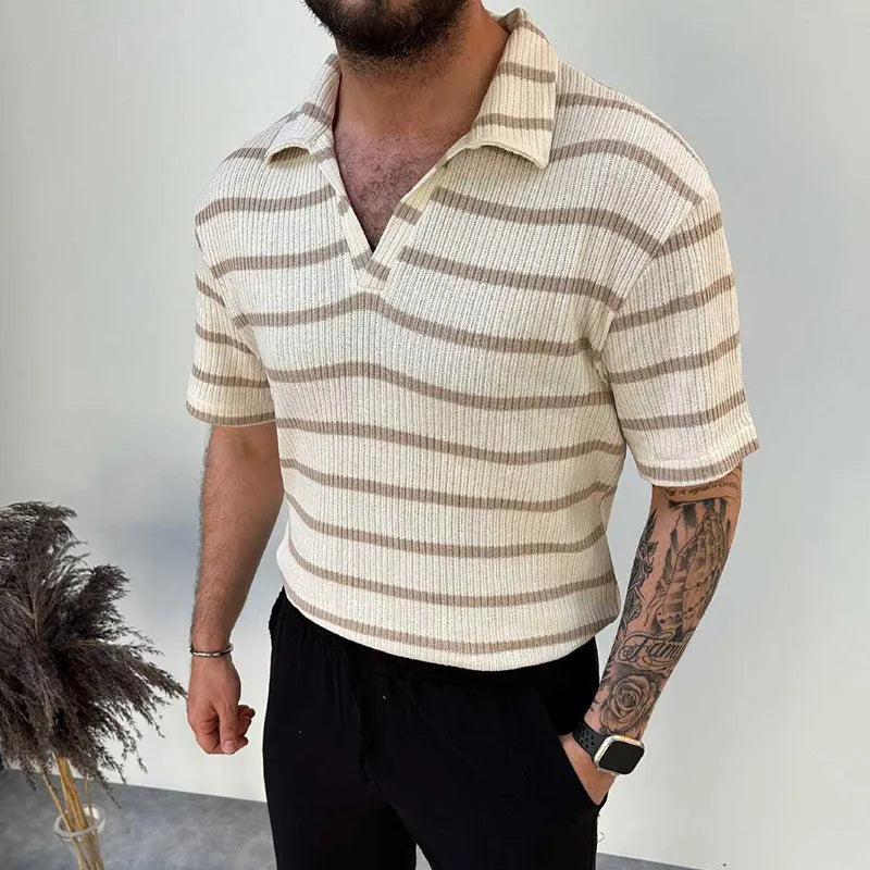 Levoire | T-Shirt Rayé Pour Hommes À Manches Courtes Khaki