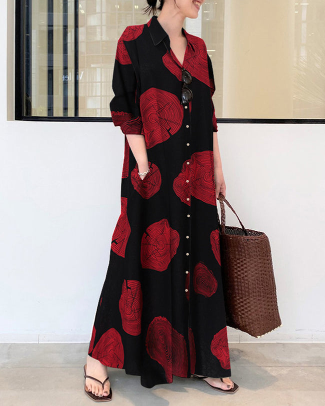 Levoire | Robe longue en lin à manches longues et blocs de couleurs Imprimé Contraste Lâche Grande taille Maxi Robes Rouge