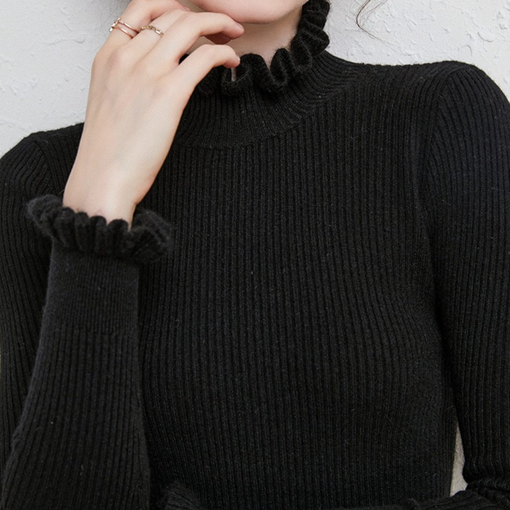 Levoire | Pull À Col Roulé Pour Femmes Avec Un Motif En Dentelle Délicat Au Col Et Aux Manches Noir