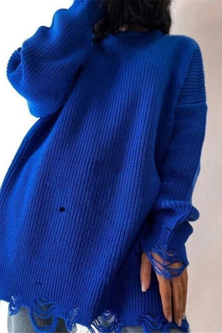 Levoire | Pull Avec Col Ronde Et Éléments Effilochés Bleu