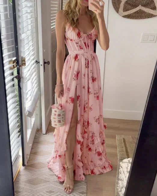 Levoire | Robe De Longueur Midi Avec Fleurs Élégante Robe De Soirée Rosa