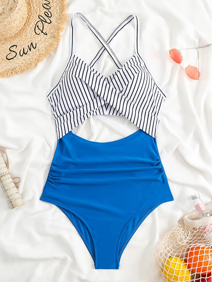 Levoire | Combinaison À Découpe Croisée Rayée Pour Femmes Bleu roi