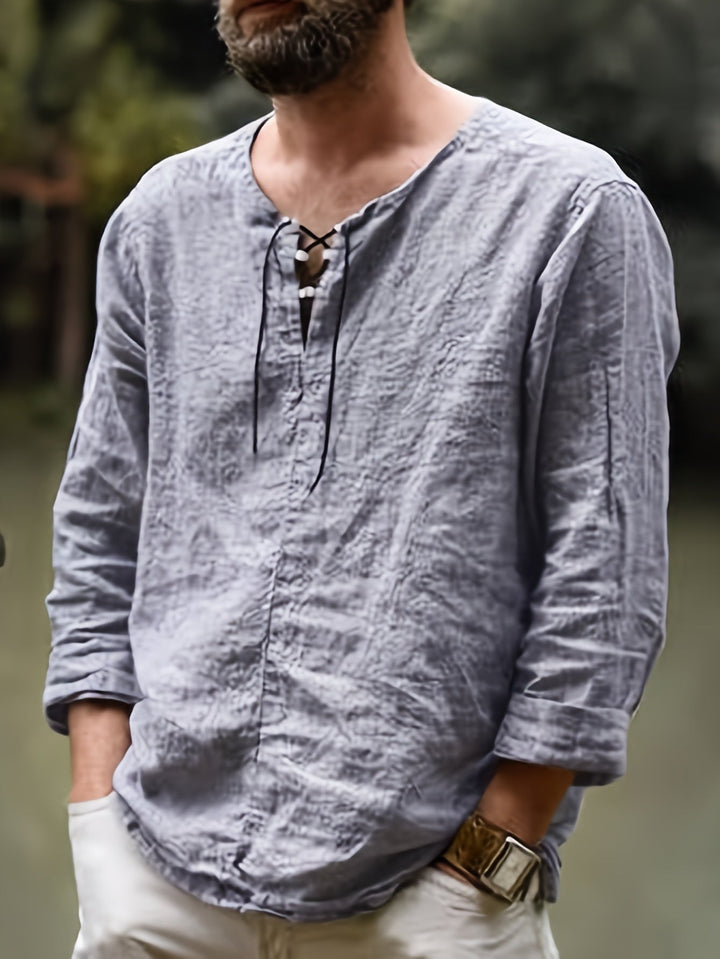 Levoire | T-Shirt Henley À Manches Longues En Mélange Coton-Lin Printemps/Automne gris