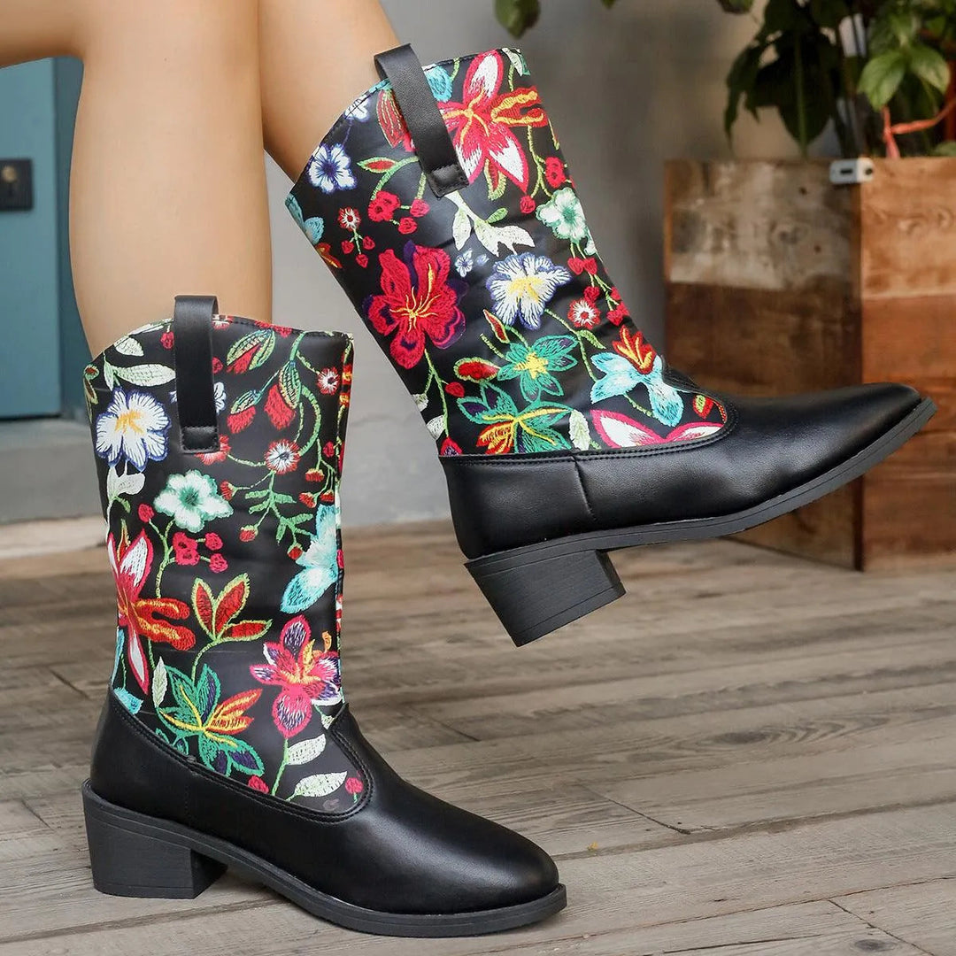 Levoire | Bottes mi-hautes avec fleurs brodées et bout rond Noir