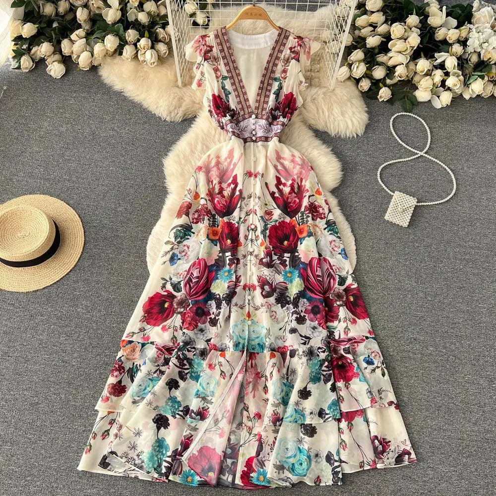 Levoire | Robe longue imprimée pour femmes avec décolleté en V profond