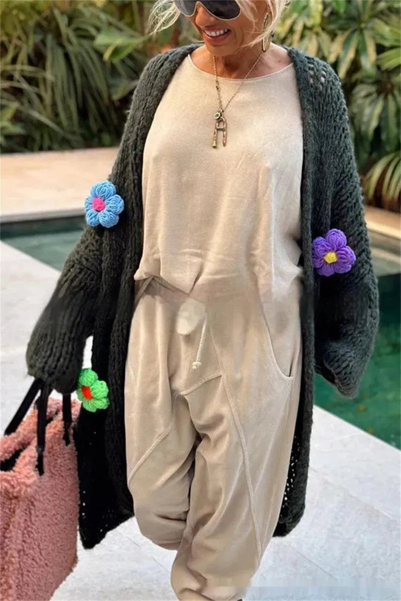 Levoire | Cardigan en tricot long avec des fleurs Vert foncé