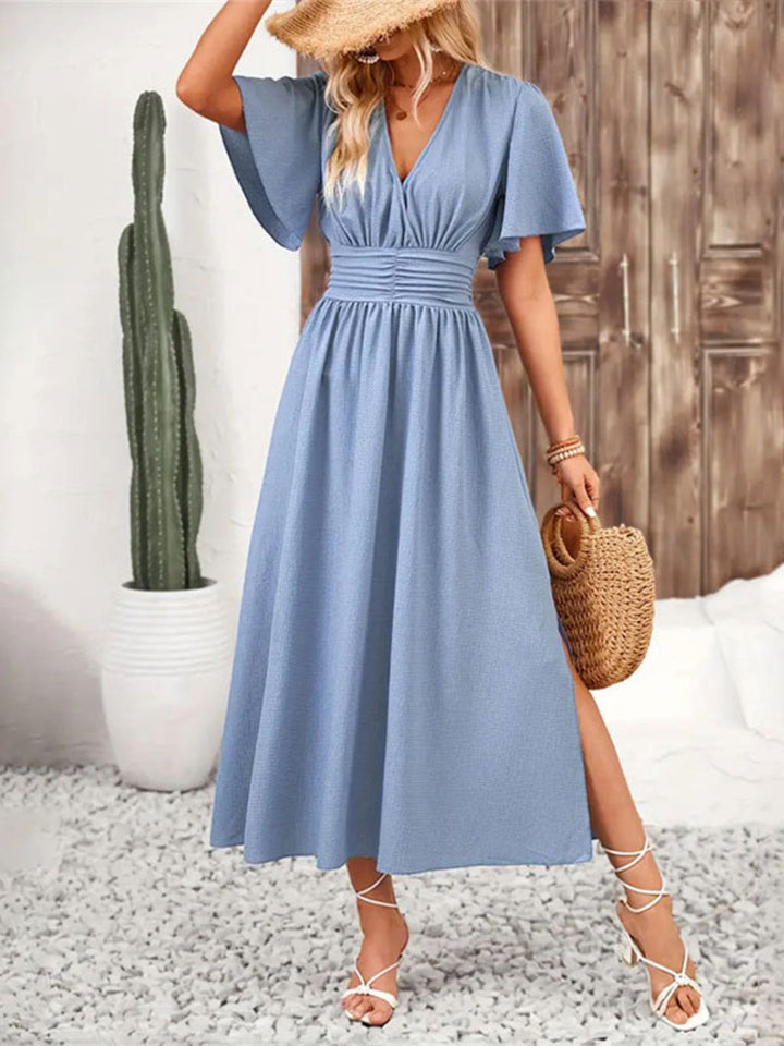 Levoire | Fente Latérale Surplice Manches Évasées Midi Robe Élégante & Sans Effort Bleu clair