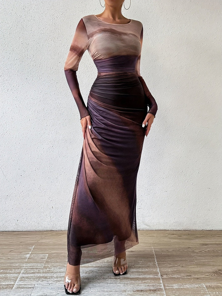 Levoire | Robe Maxi Froncée Et Ajustée Avec Motif Tie-Dye, Élégante Robe À Manches Longues Avec Encolure Ronde Pour Le Printemps Et L'Automne, Vêtements Femme