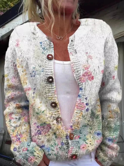Levoire | Veste Tricotée À Manches Longues Avec Motif Fleuri Et Bouton Blanc Bleu