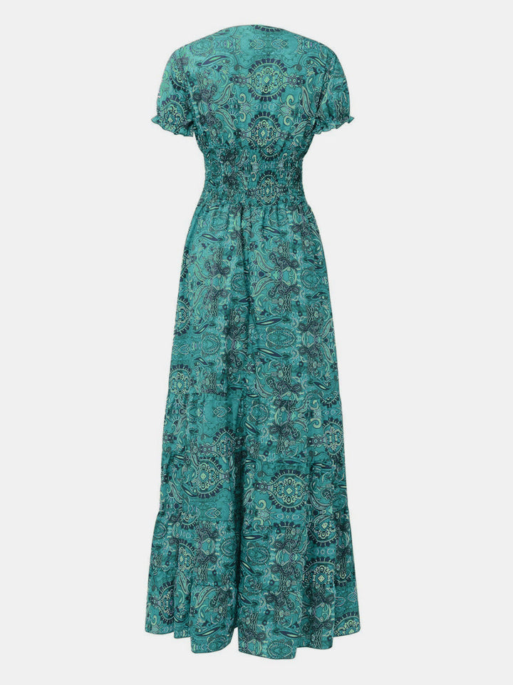 Levoire | Robe à manches courtes avec col en V et imprimé fumé en taille réelle Turquoise