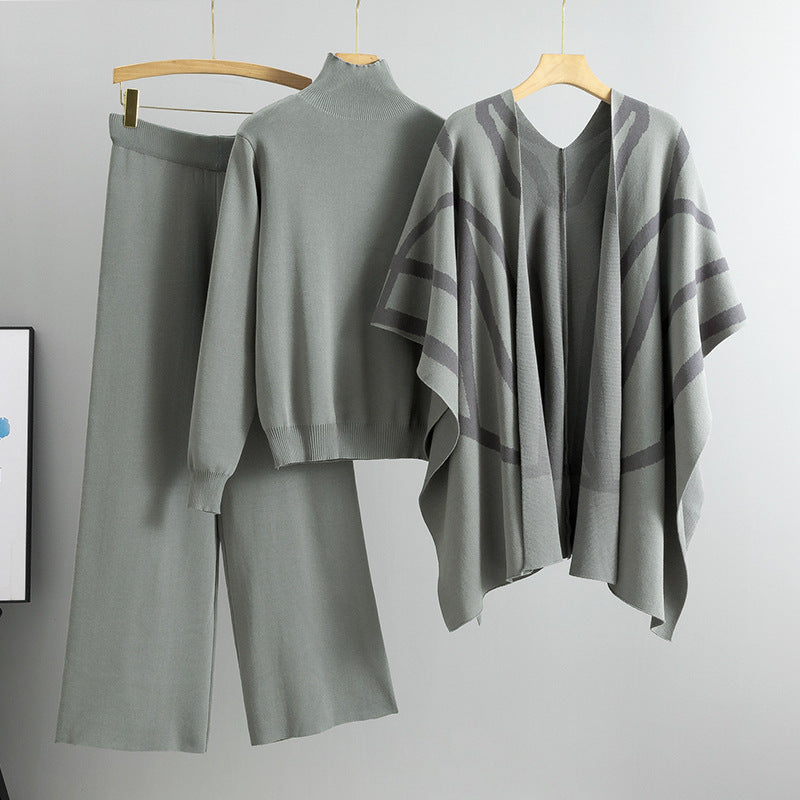 Levoire | Pull Tricoté Élégant Veste Pantalons Larges Gris une taille