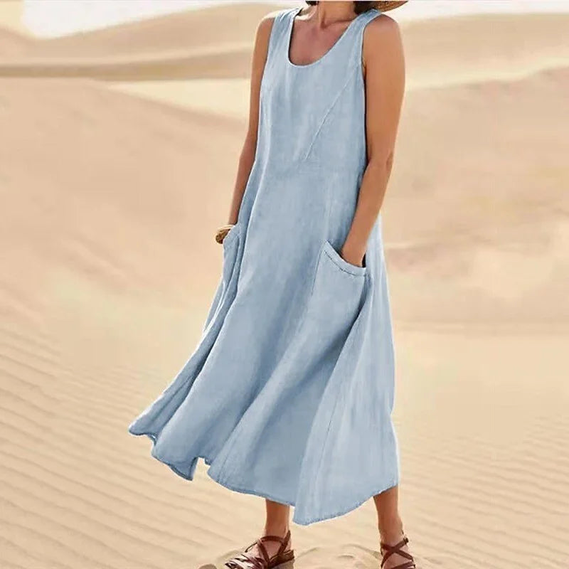 Levoire | Robe sans manches en coton et lin avec poches pour femme Bleu ciel