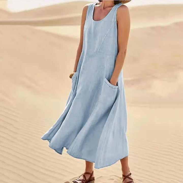 Levoire | Robe sans manches en coton et lin avec poches pour femme Bleu ciel
