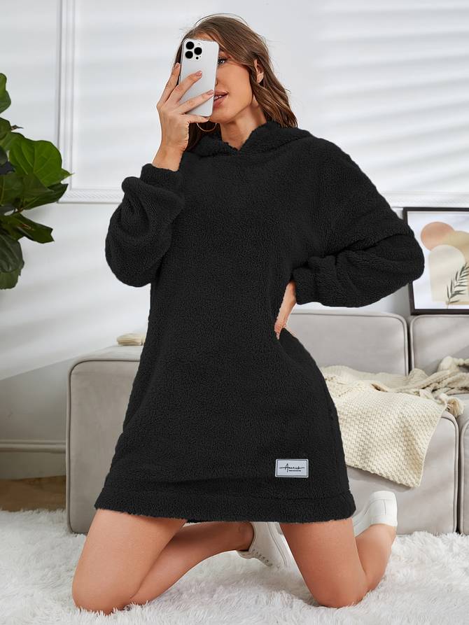 Levoire | Pull À Capuche En Teddy Chaud D'Automne Pour Femmes Noir