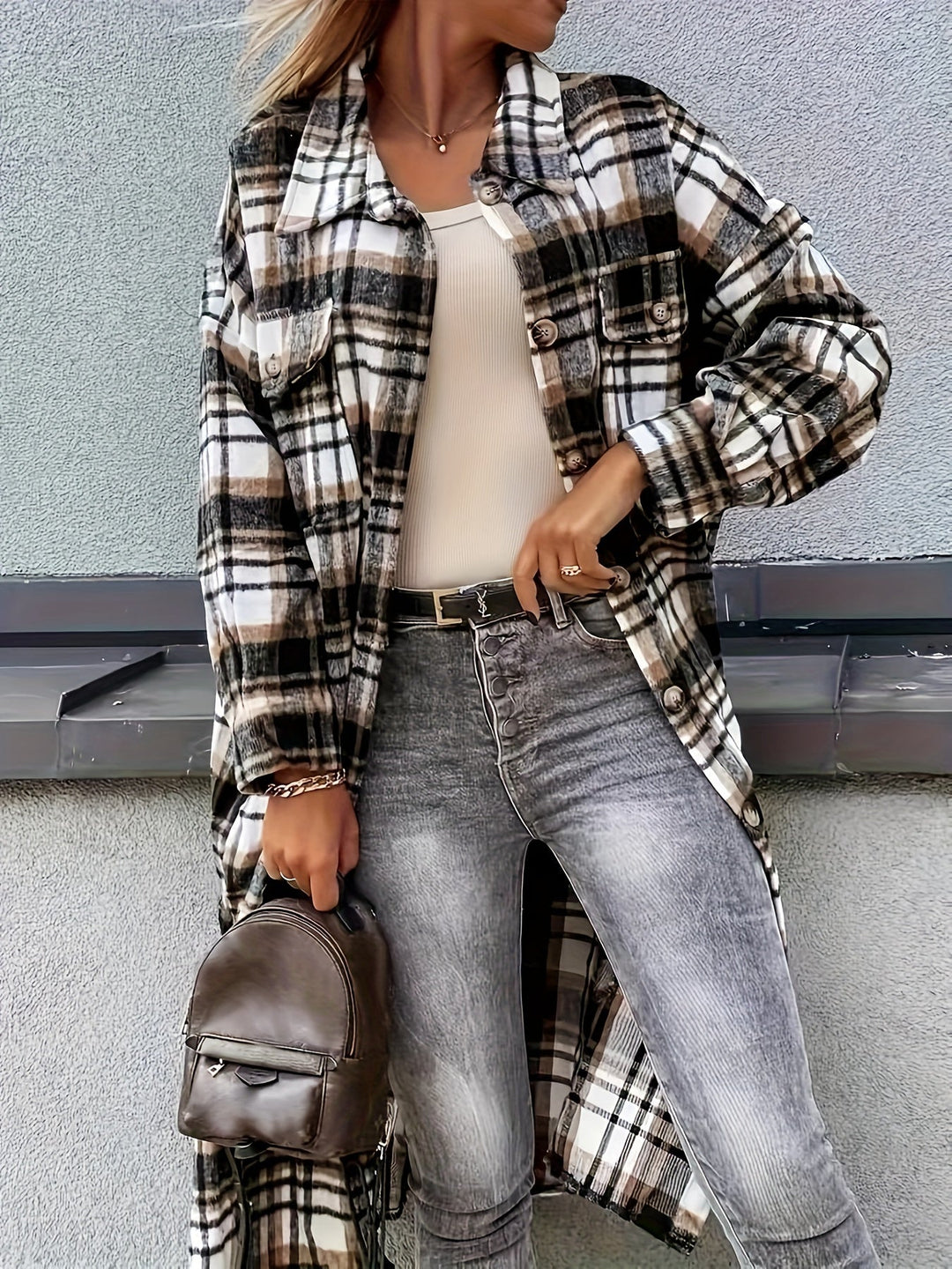 Levoire | Manteau Décontracté Long À Carreaux Noir