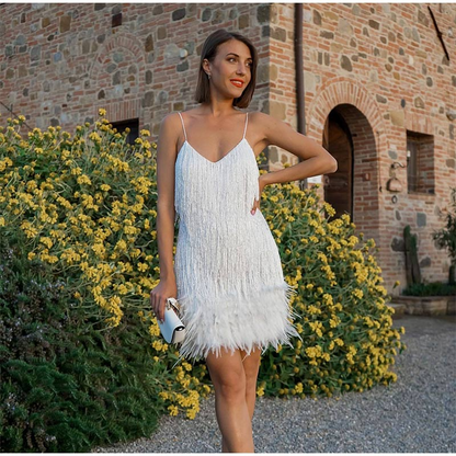 Levoire | robe femme à glands et paillettes Blanc