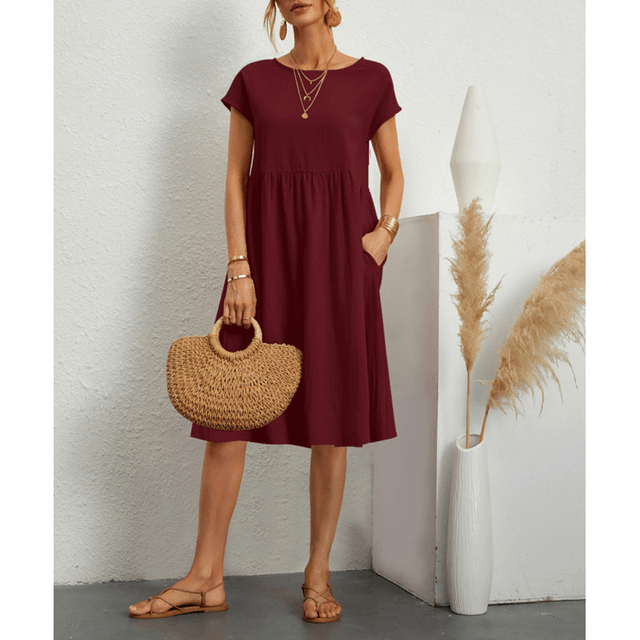 Levoire | Coton Lin Robe Midi À Manches Courtes Bourgogne