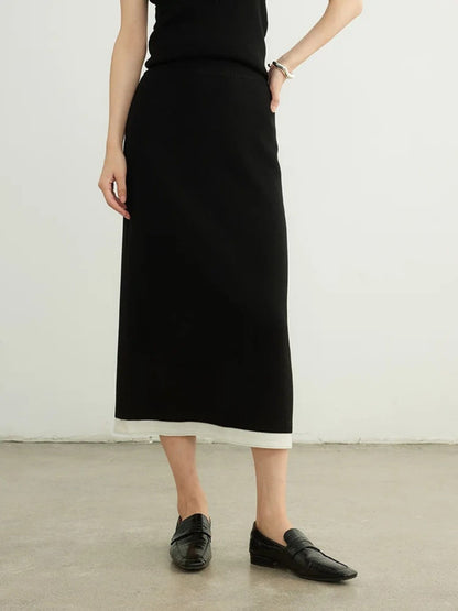 Jupe en Maille Mi-Mollet avec Détail de Bordure Patchwork - draft Noir