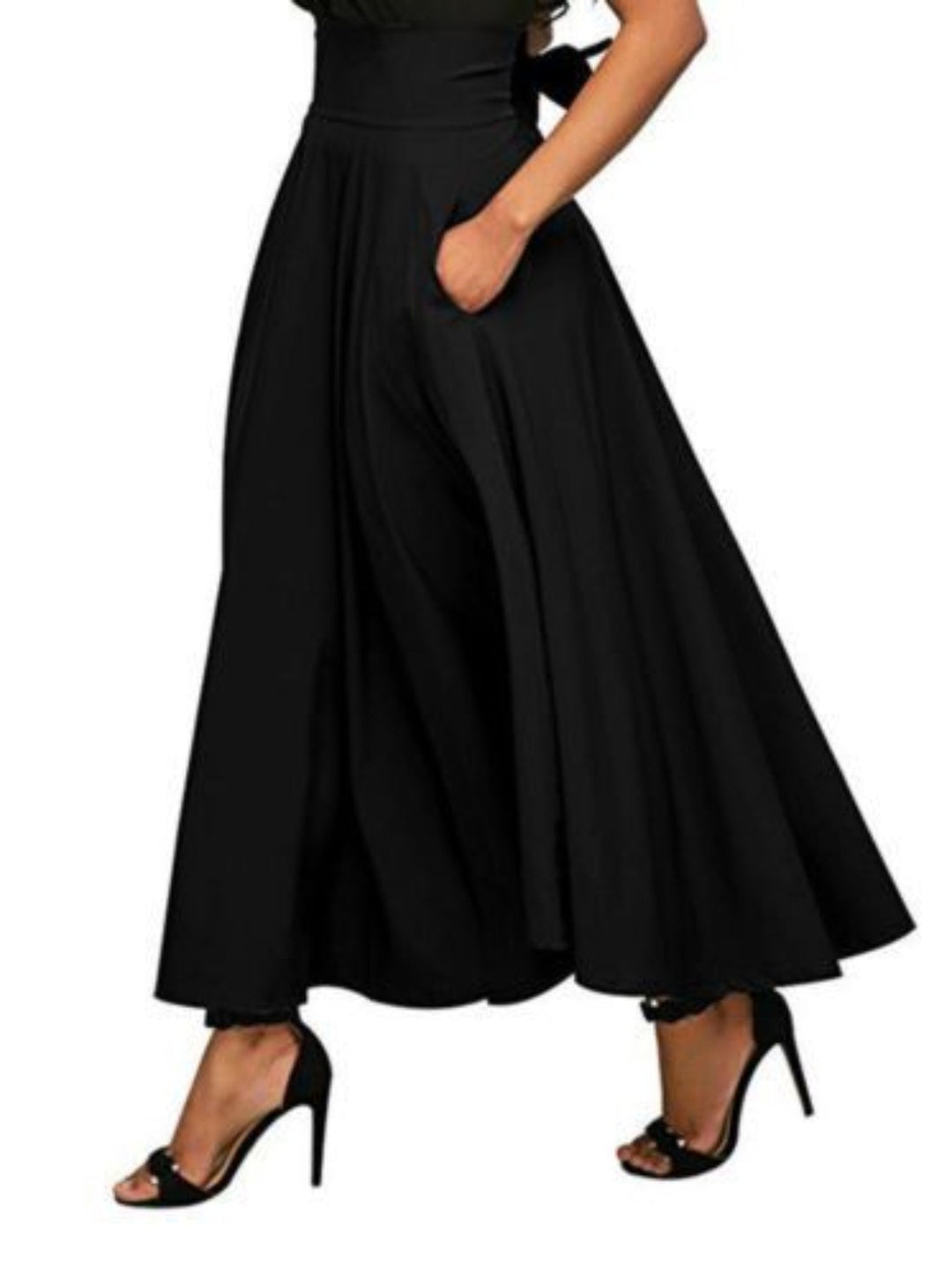 Levoire | Jupe Midi Plissée Taille Haute Femme A-Ligne, Avec Ceinture Et Fluide Avec Poches Noir