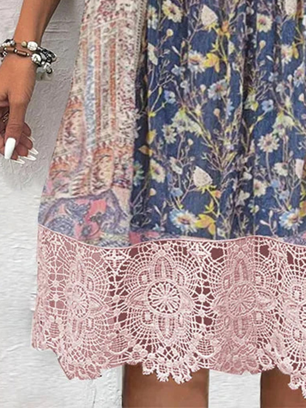 Levoire | Taille Entière Détail En Dentelle Robe À Manches Trois Quarts Imprimée