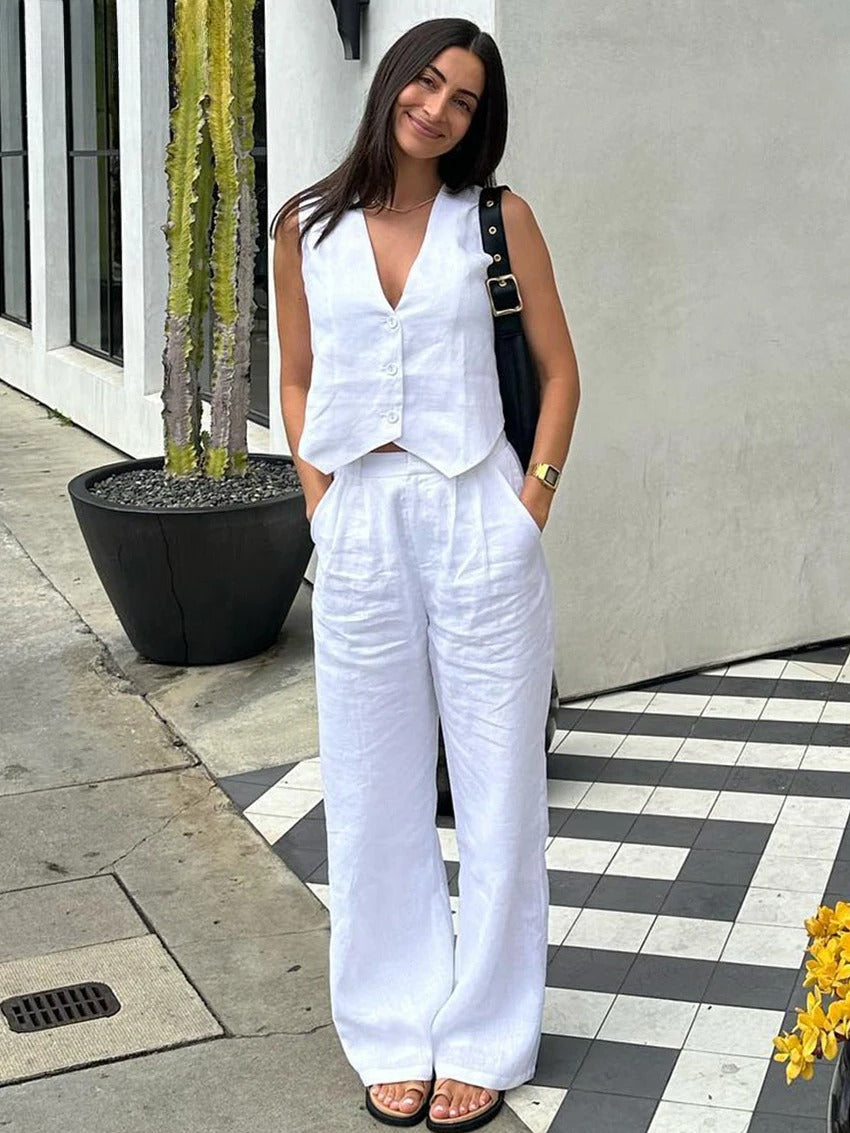 Levoire | Ensemble Deux Pièces Sans Manches Pour Femme - Boutonné Blanc