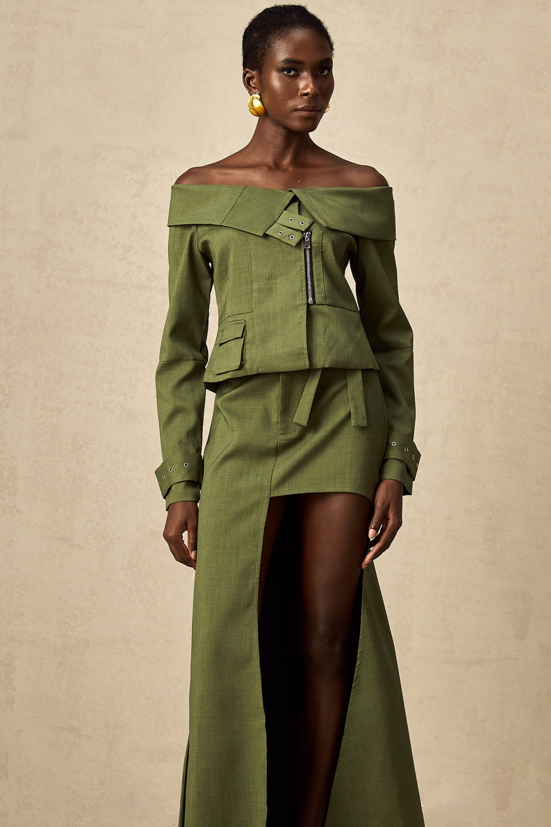 Levoire | Veste À Design Asymétrique Vert & Jupe Ensemble Coordiné