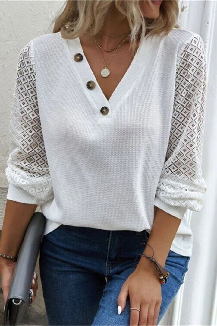 Levoire | Bouton décoratif T-shirt à col en V à manches longues Blanc