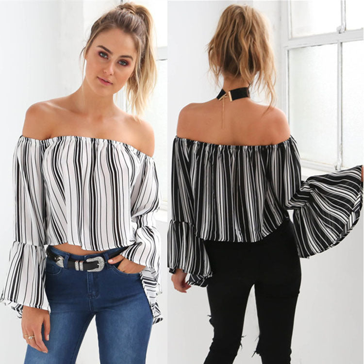 Blouse femme à épaules dénudées avec manches volumineuses et design rayé Levoire