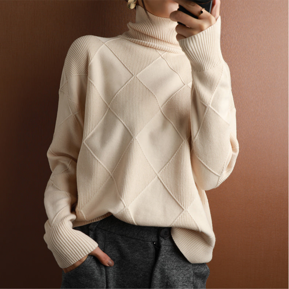 Levoire | Pull À Col Roulé Élégant Avec Structure Losangée Beige