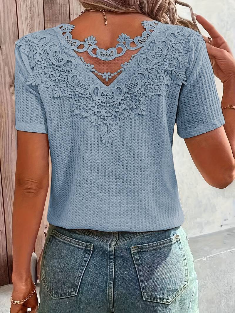 Levoire | T-Shirt À Col Rond En Dentelle Contrastante Bleu ciel