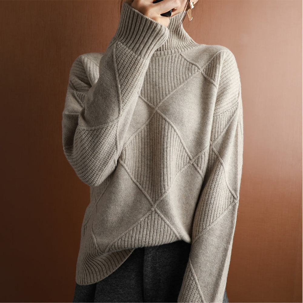 Levoire | Pull À Col Roulé Élégant Avec Structure Losangée Brun clair