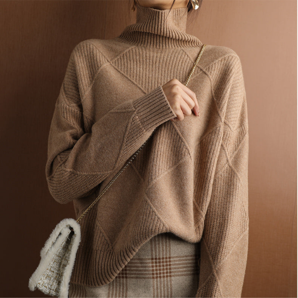 Levoire | Pull À Col Roulé Élégant Avec Structure Losangée Chameau