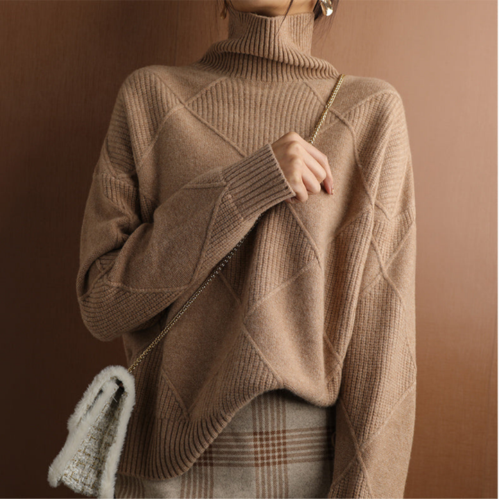 Levoire | Pull À Col Roulé Élégant Avec Structure Losangée Chameau