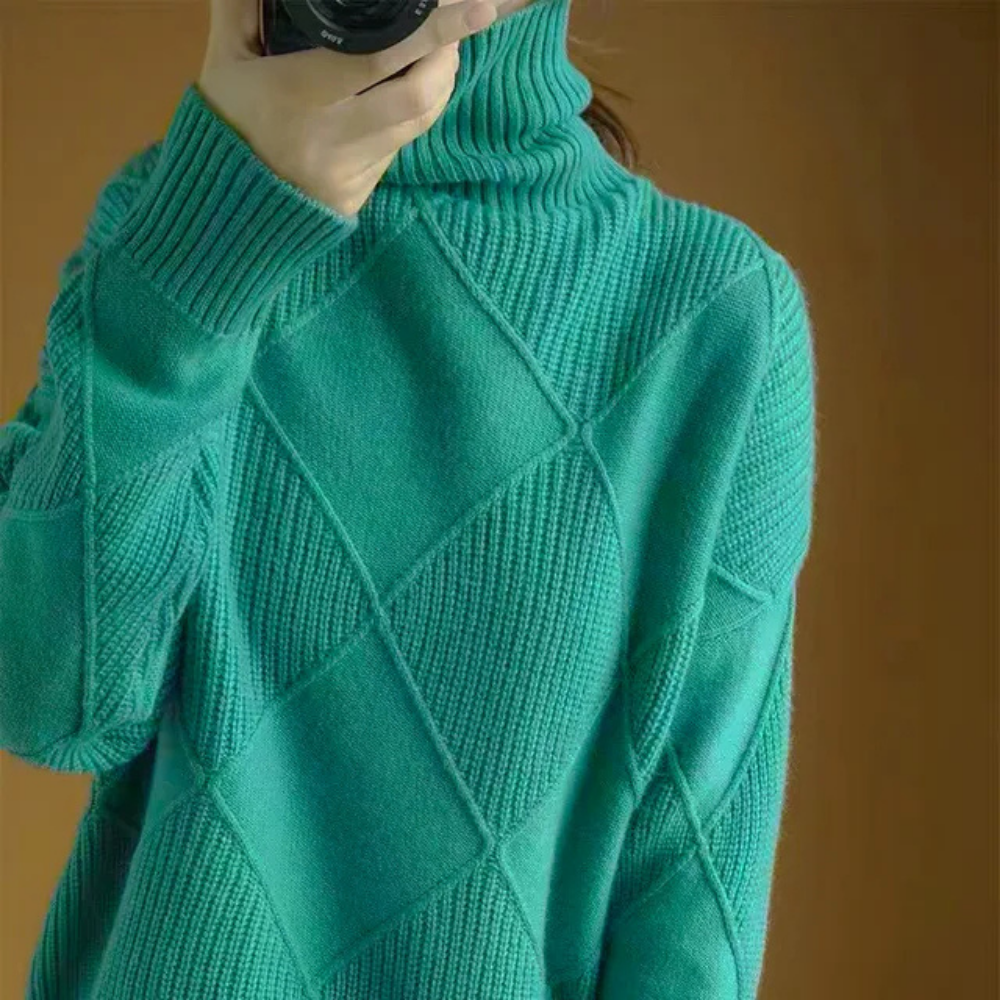 Levoire | Pull À Col Roulé Élégant Avec Structure Losangée Vert