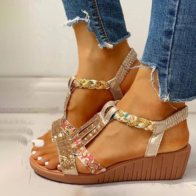 Levoire | Sandales Décorées À Talon Wedge Or 1