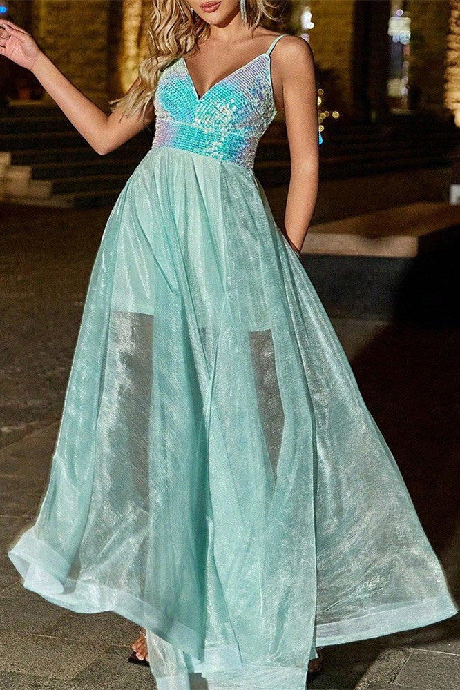 Levoire | Robe Maxi Transparent Verte à Encolure en V