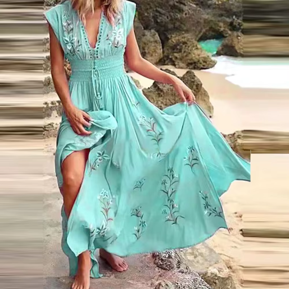 Levoire | Robe Boho Avec Broderies Pour Un Look D'Été De Rêve Bleu turquoise
