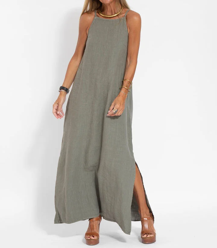 Levoire | Élégante Robe Longue Sans Manches en Coton et lin de Couleur Unie
