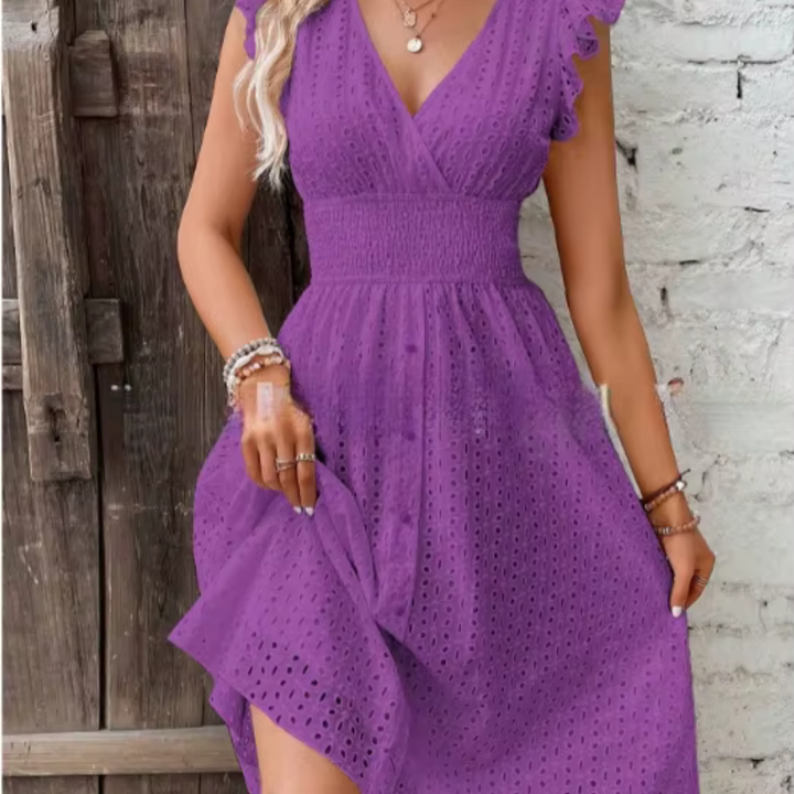 Levoire | Robe D'Été Mini À Col V Brodé À Œillets Pour Femmes Lilas