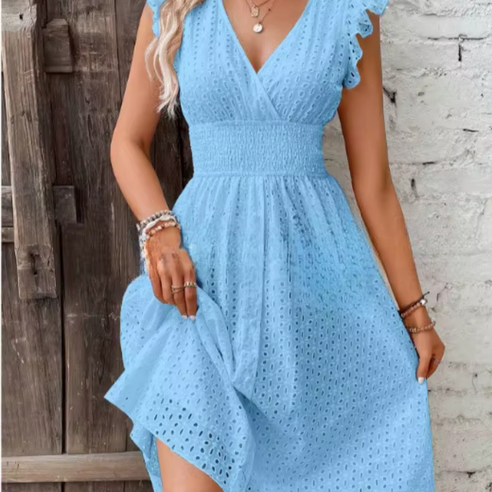 Levoire | Robe D'Été Mini À Col V Brodé À Œillets Pour Femmes Bleu
