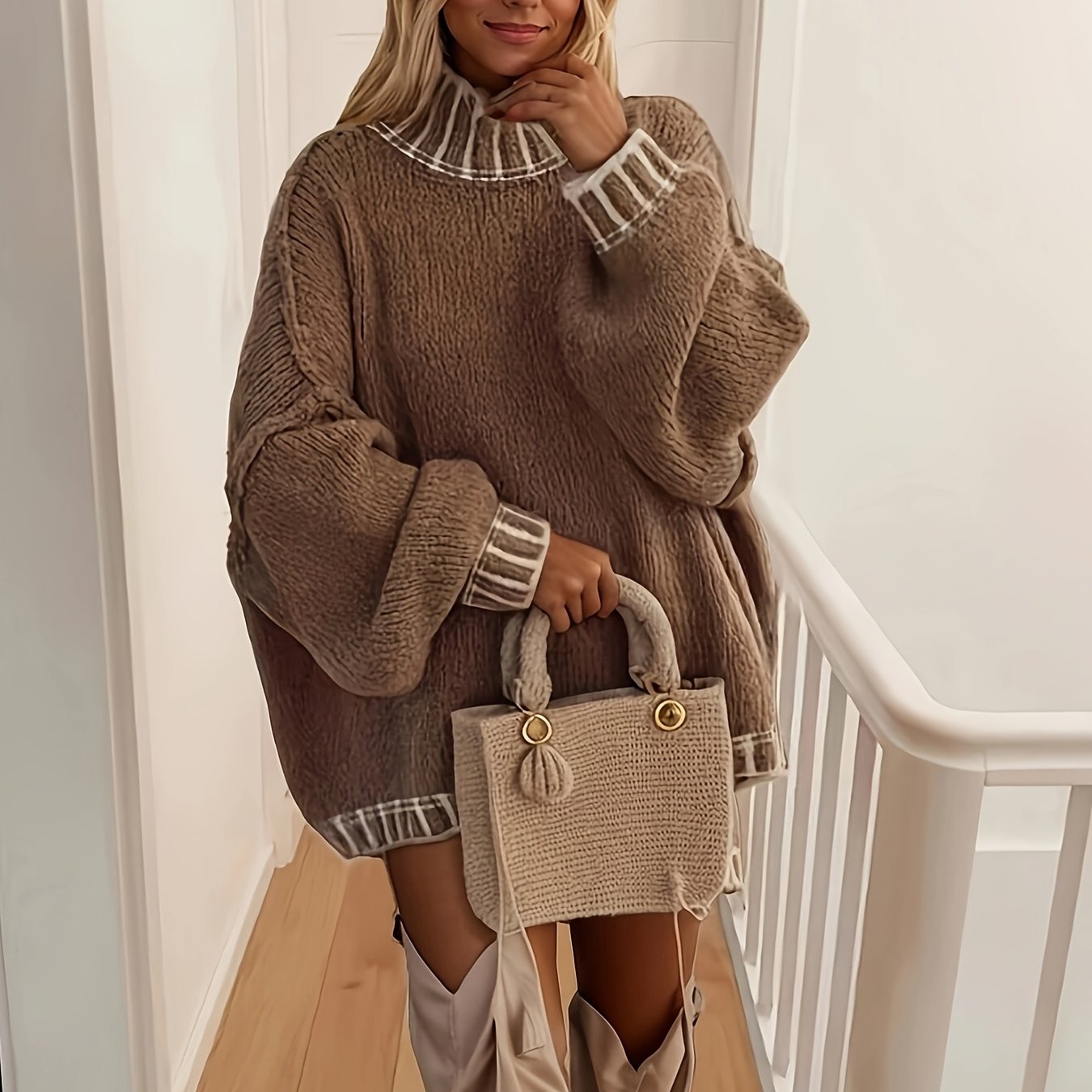 Levoire | Pull À Col Rond Avec Motif Contrastant Oliv marron