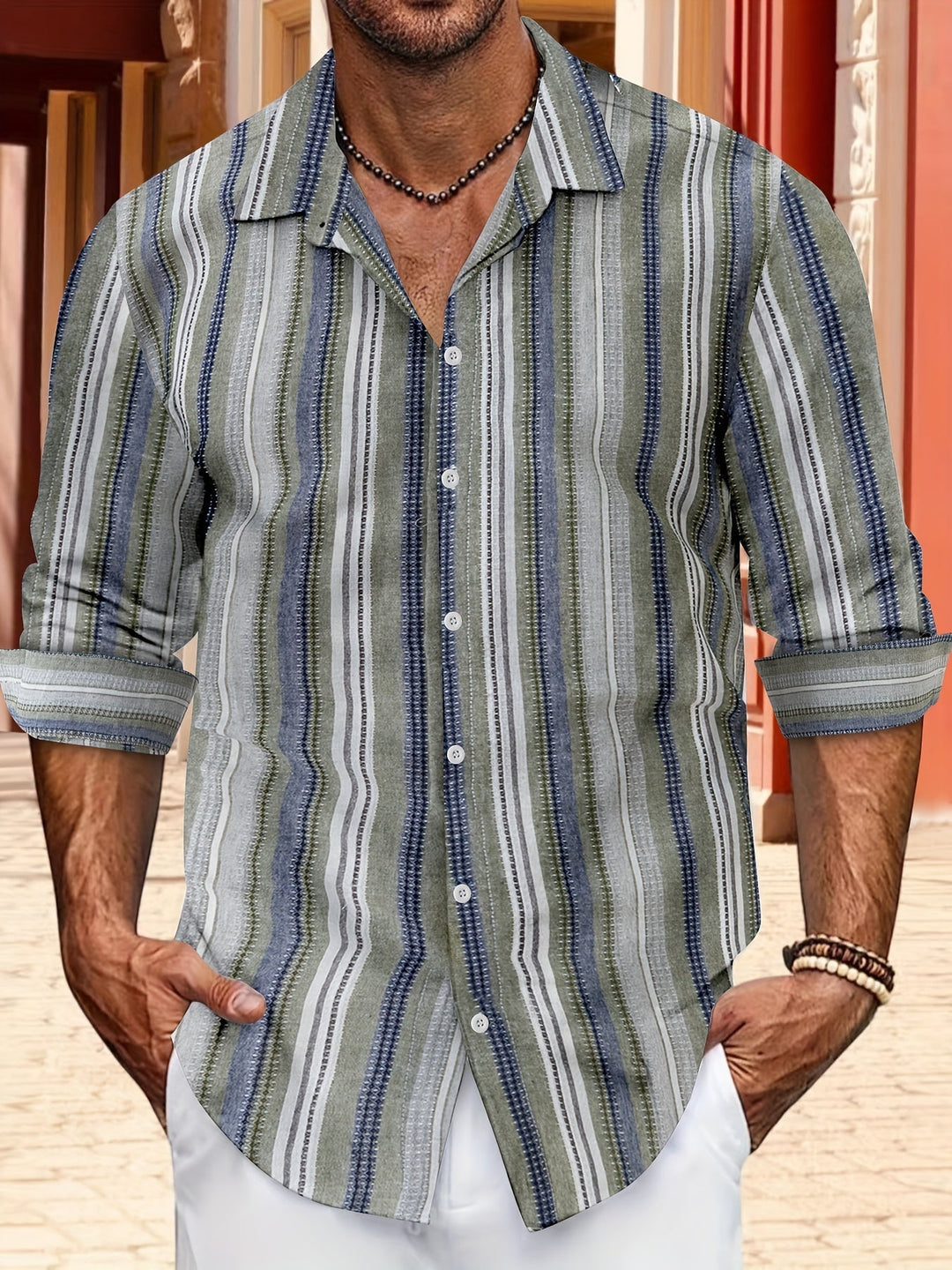 Levoire | Chemise En Coton Lin Rayée Pour Hommes Pour Un Look Décontracté Bleu