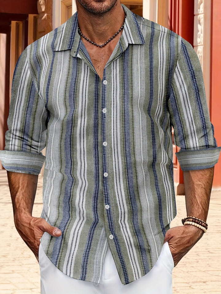 Levoire | Chemise En Coton Lin Rayée Pour Hommes Pour Un Look Décontracté Bleu