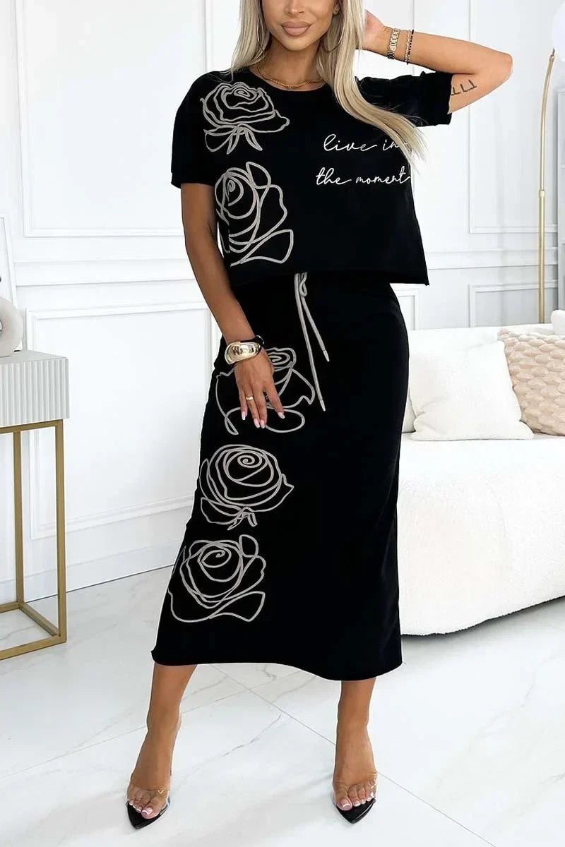 Levoire | Élégantes Deux Pièces Ensemble Motif Floral Femmes Noir