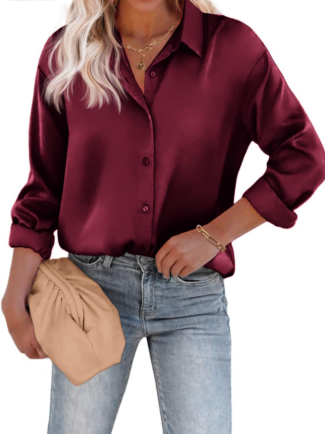Levoire | Top Satin Décontracté Avec Bouton Et Manches Longues Rouge foncé