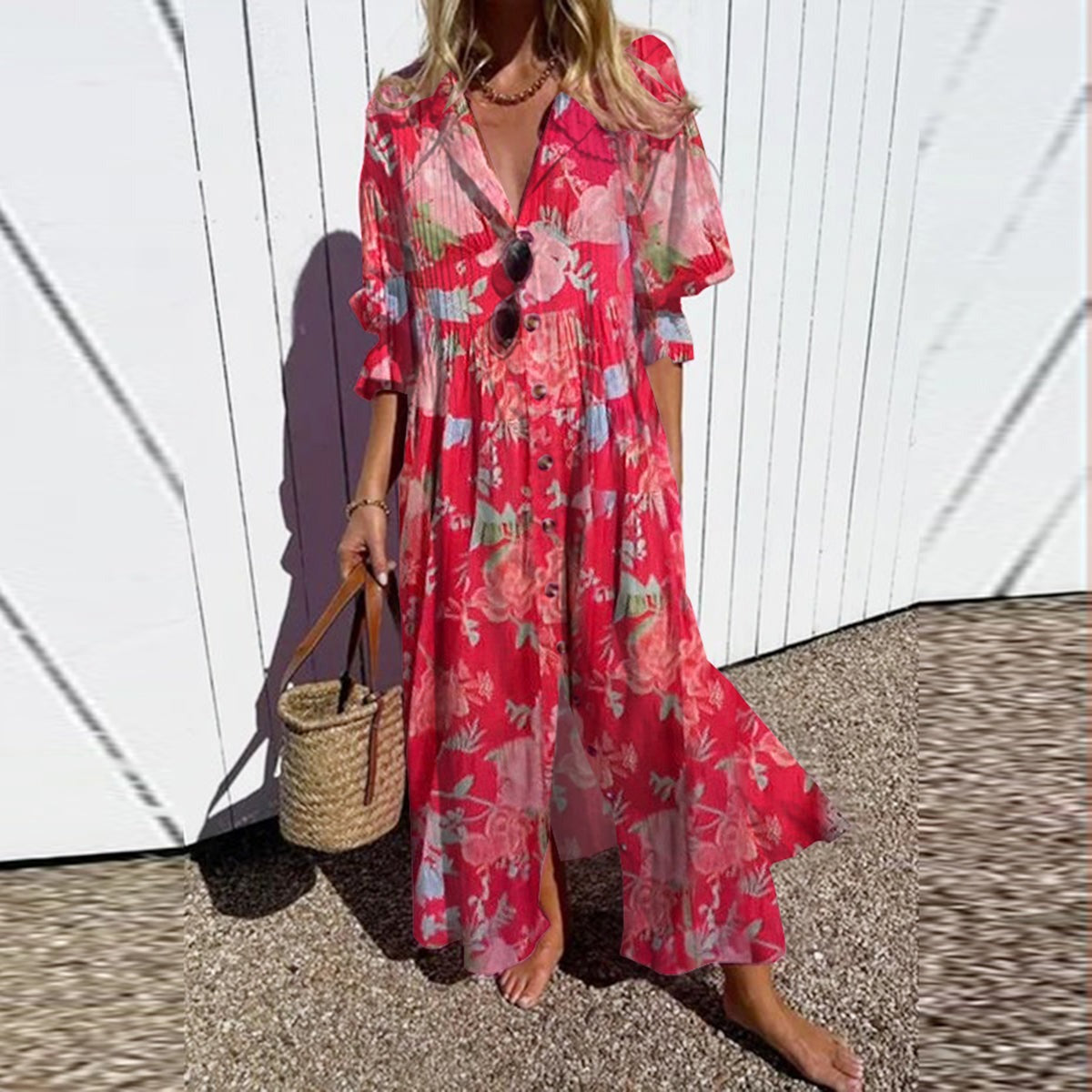 Levoire | Robe Longue Avec Imprimé Floral Rouge