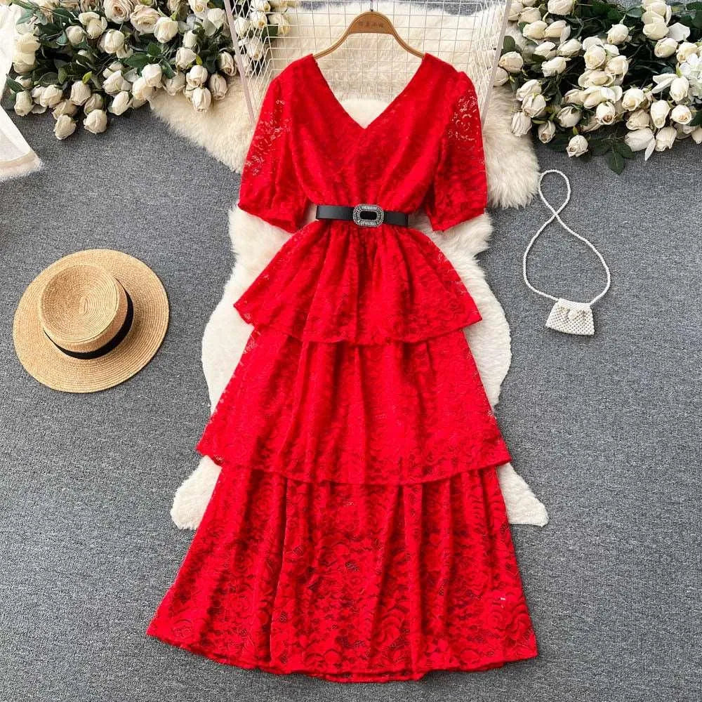 Levoire | Robe V couleur et cordon à la taille pour femmes Rot Une taille