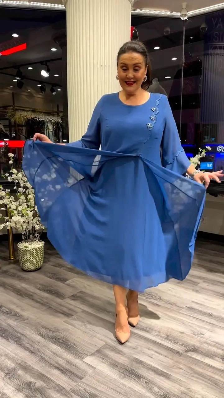 Levoire | Femmes Robe Chiffon Évasée Unie Bleu