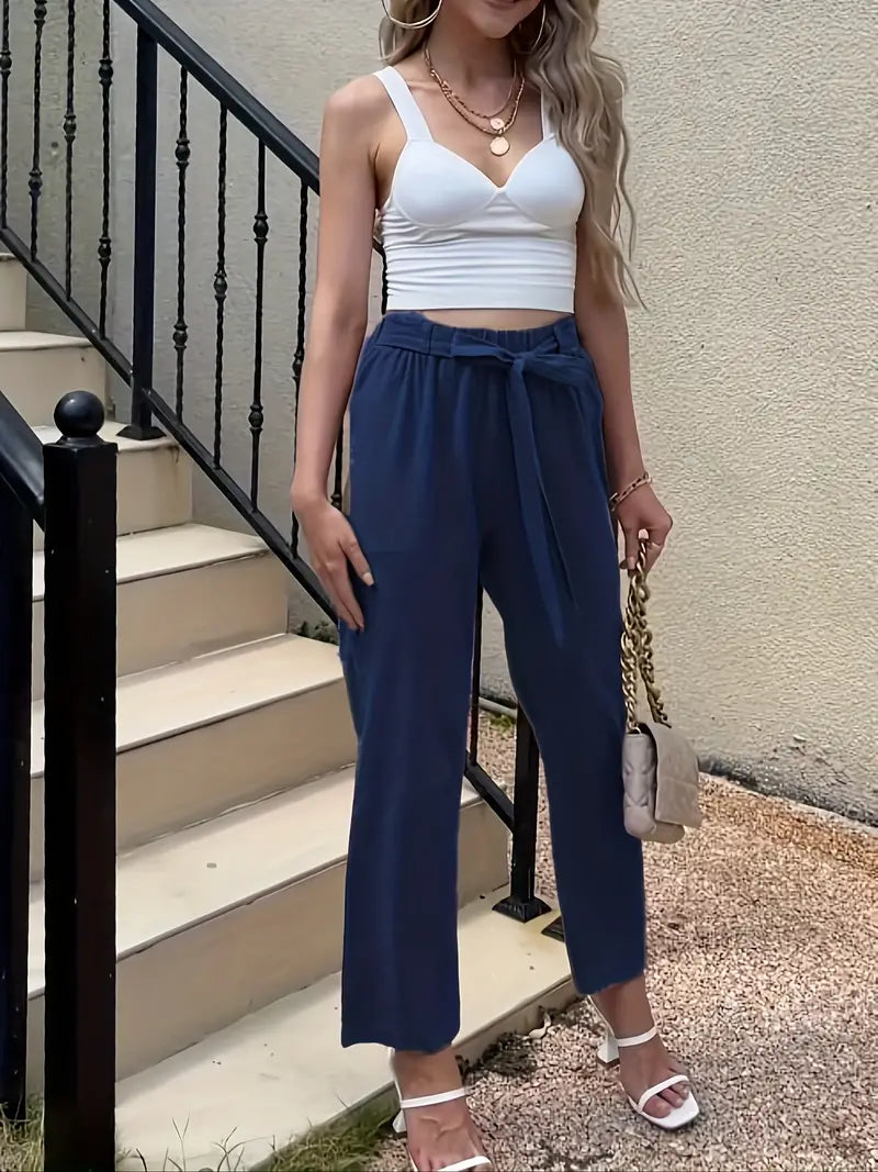 Levoire | Pantalons Décontractés À Taille Nouée Solide Bleu marine